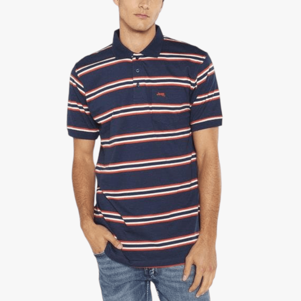Jeep Mens Yd Multi Stripe Short Sleeve Golfer Navy Orange | Jeep