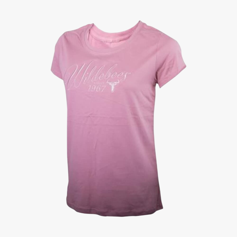 Wildebees Womens Ladies Scripty Embroid Short Sleeve Tee Mauve Glow