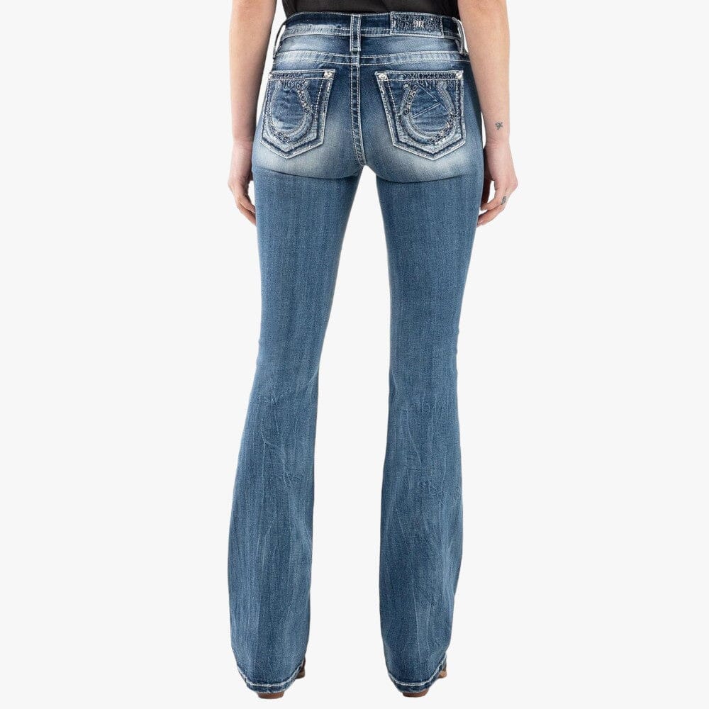 Miss Me Womens Broken Horseshoe Mid Rise Bootleg Jeans Miss Me