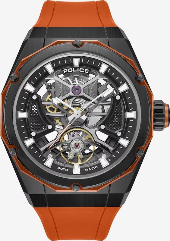 Police Mens Dayton Black/ Orange Rubber Strap | Police