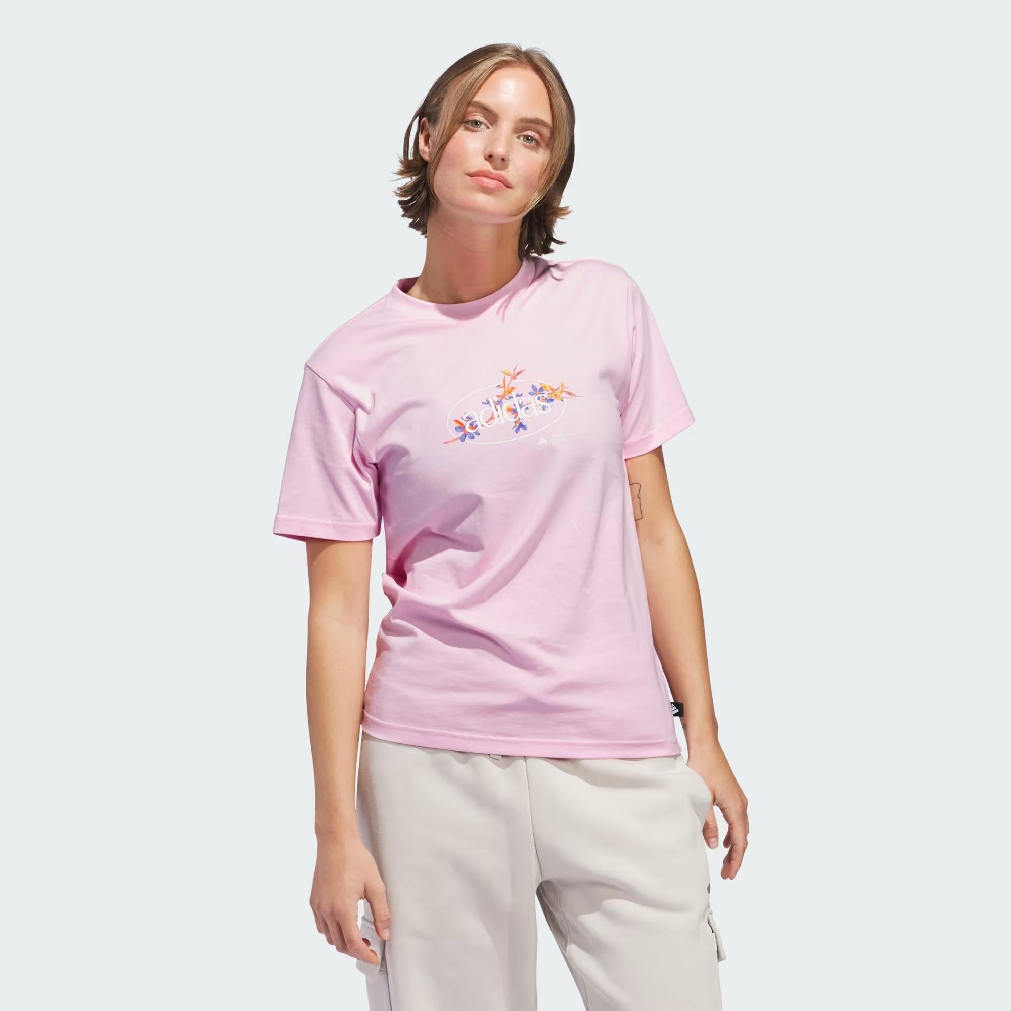 Adidas Womens Elem Flrl Short Sleeve Tee Clear Pink Adidas