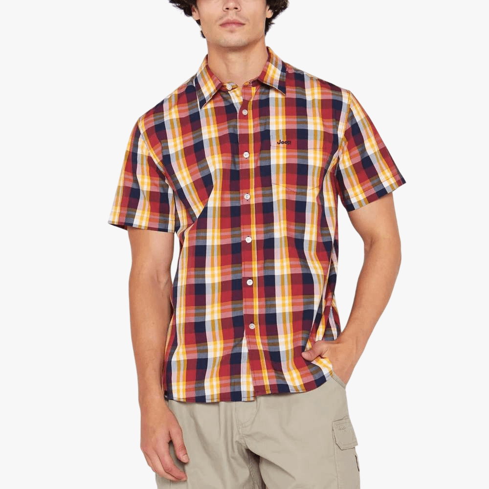 Jeep Mens Yarn Dyed Check Short Sleeve Shirt Burgundy Yellow | Jeep