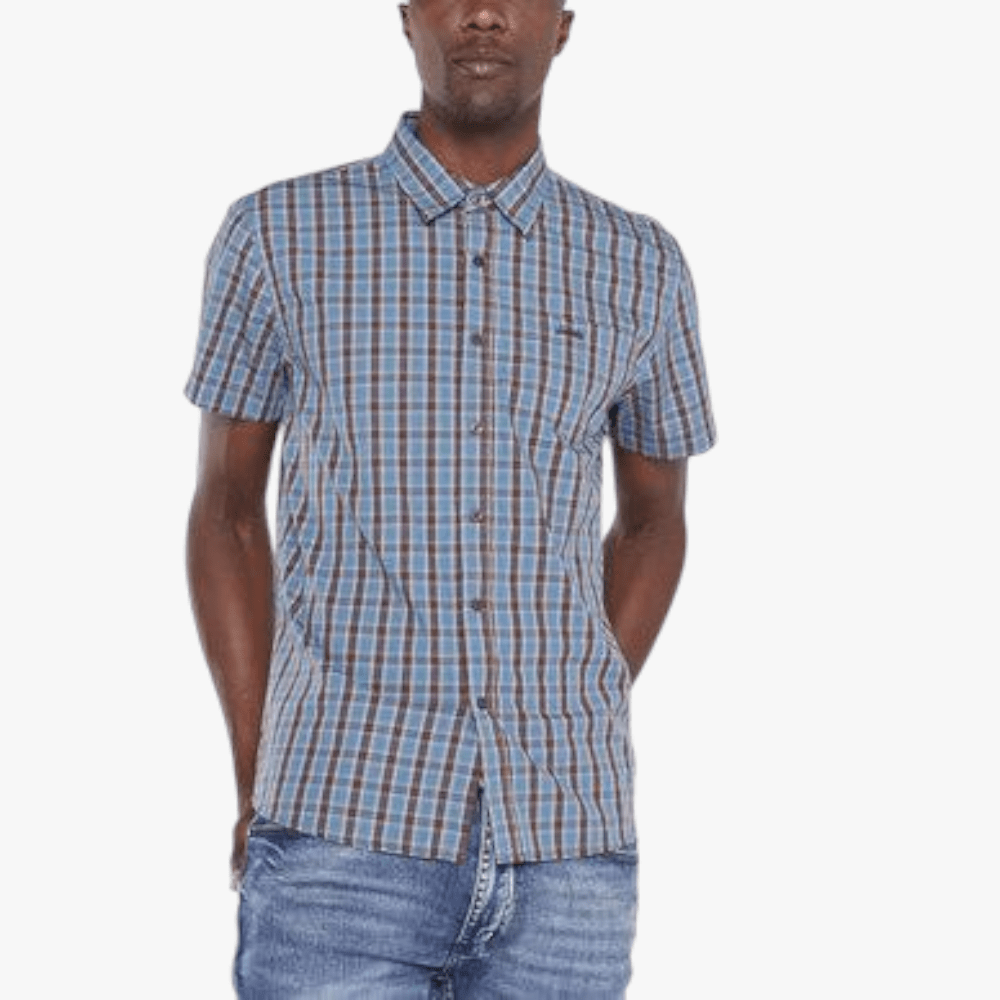 Jeep Mens Yd Check Short Sleeve Shirt Brown Blue | Jeep