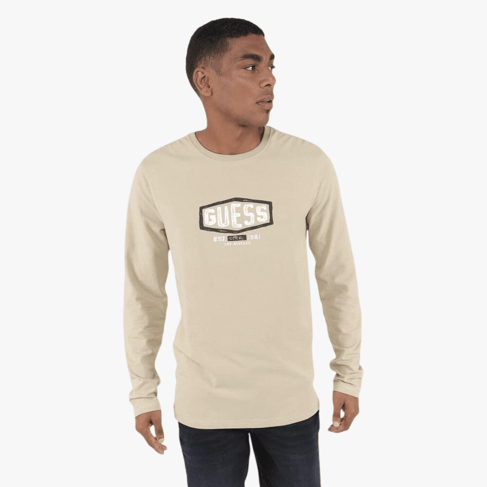 Guess Mens Box Logo Short Sleeve Tee Light Brown | Guess