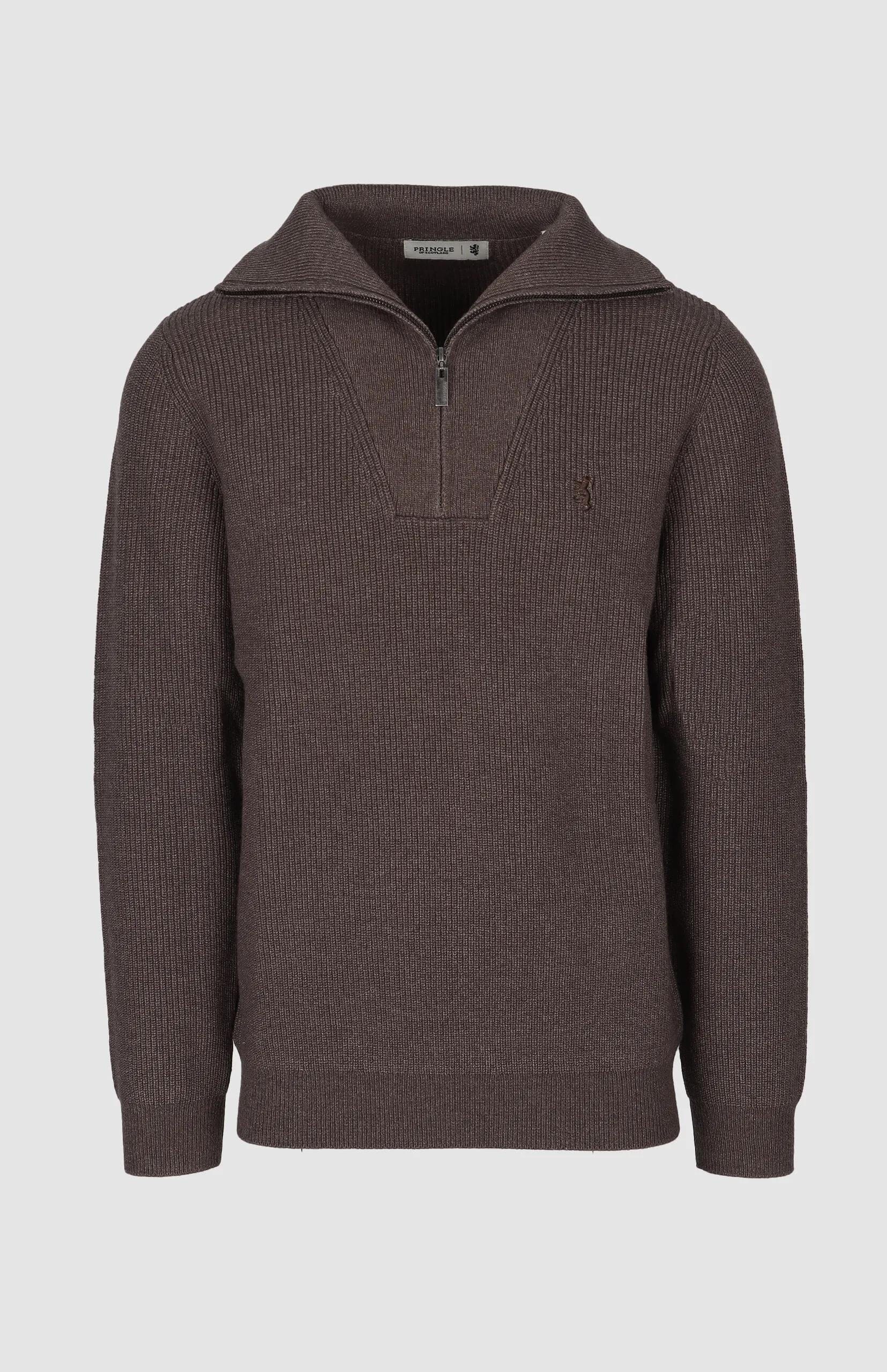 Pringle Mens Kyle 1/4 Zip Ribbed Knit Sweater Brown | Pringle