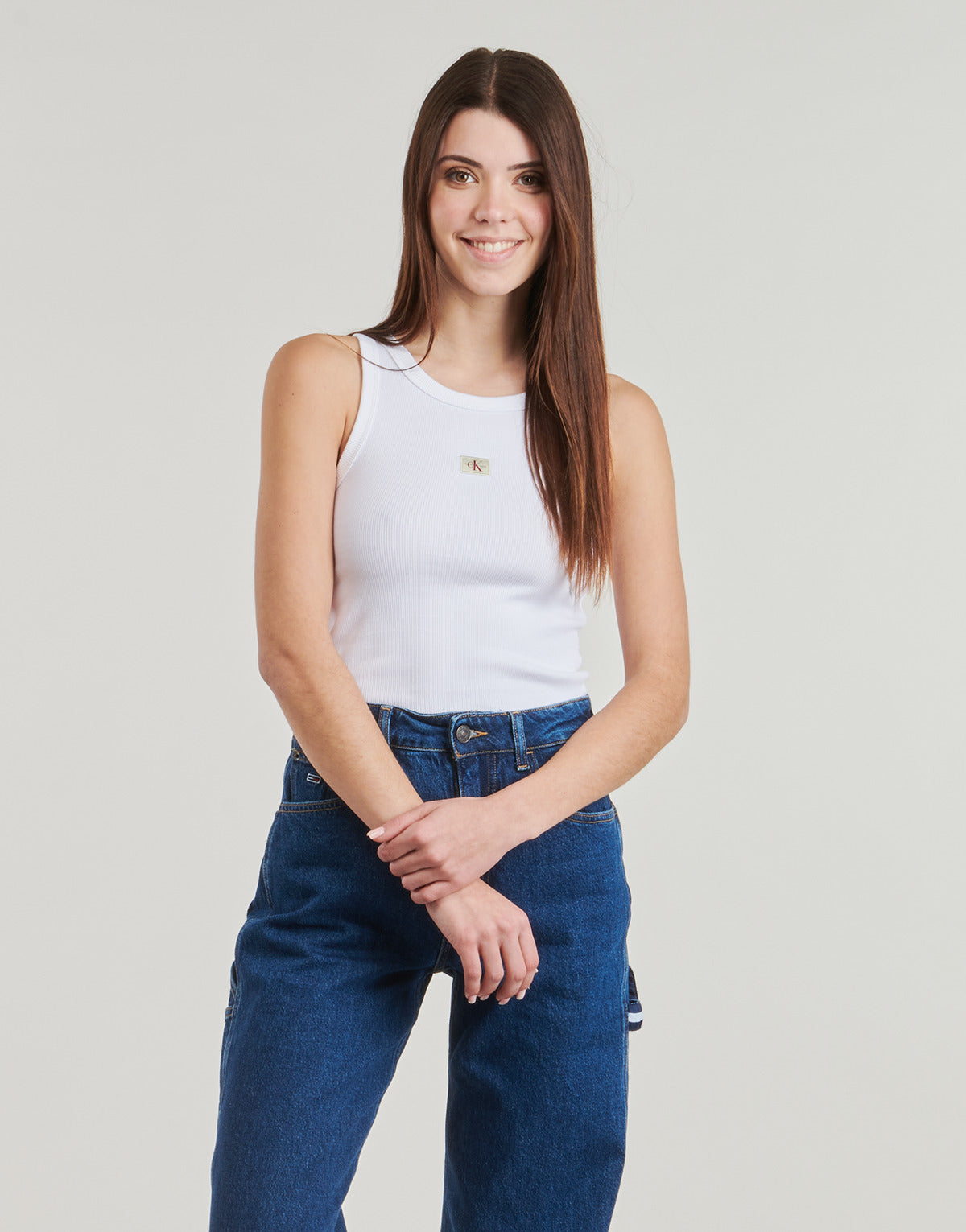 Calvin Klein Womens Woven Label Cotton Rib Tank White