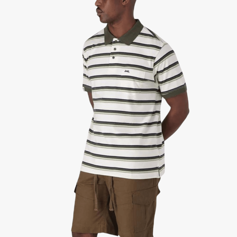Jeep Mens Yd Stripe Short Sleeve Golfer Unbleached | Jeep