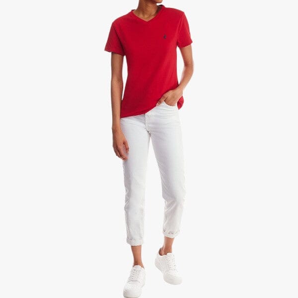 Polo Womens Kelly V Neck Stretch Short Sleeve Tee Red Polo