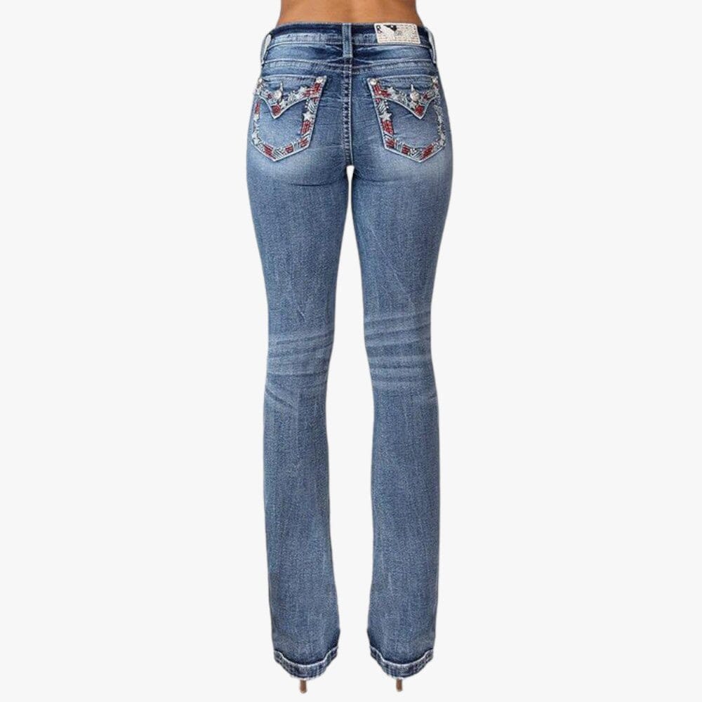 Miss Me Womens Star Spangled Mid Rise Boot Leg Jean Med Blue Miss Me