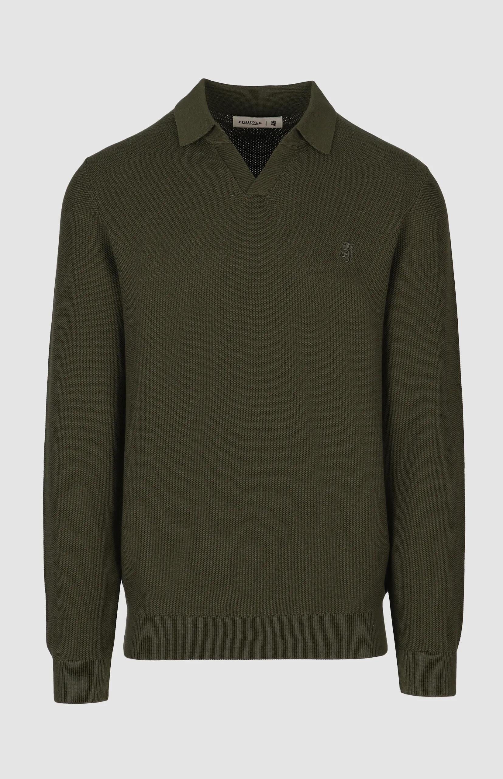 Pringle Mens Brian Collar Textured Knit Jersey Olive | Pringle