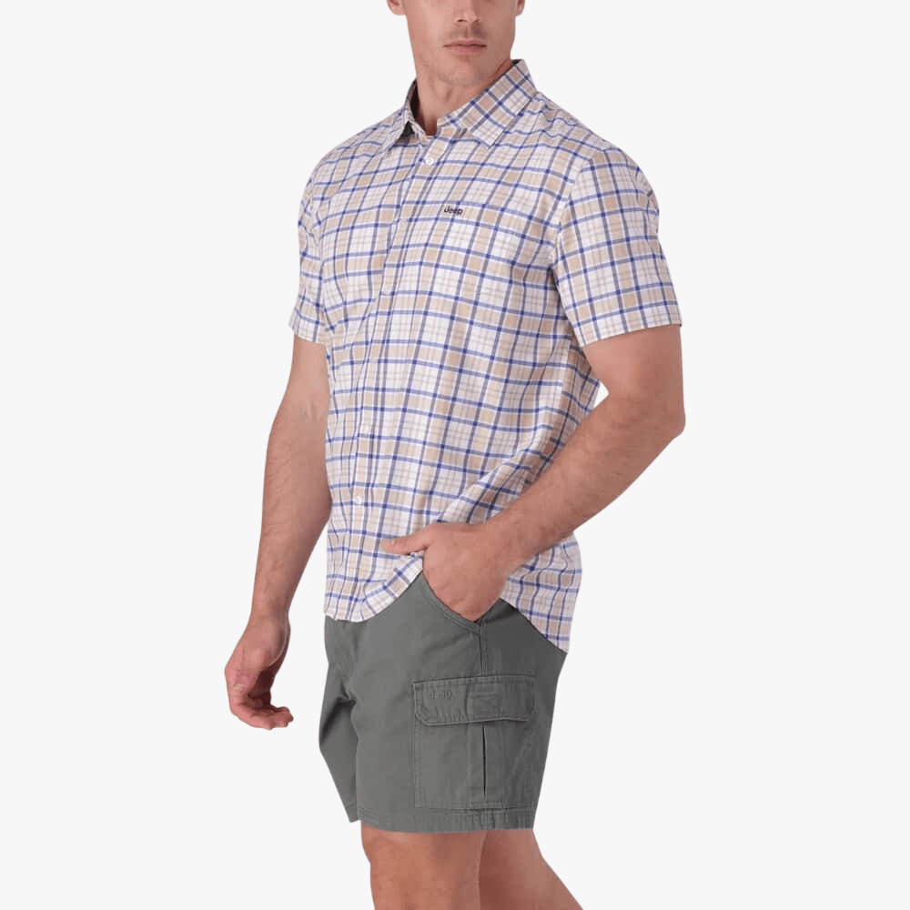 Jeep Mens Casual Yd Check Short Sleeve Shirt Camel Honeycomb | Jeep