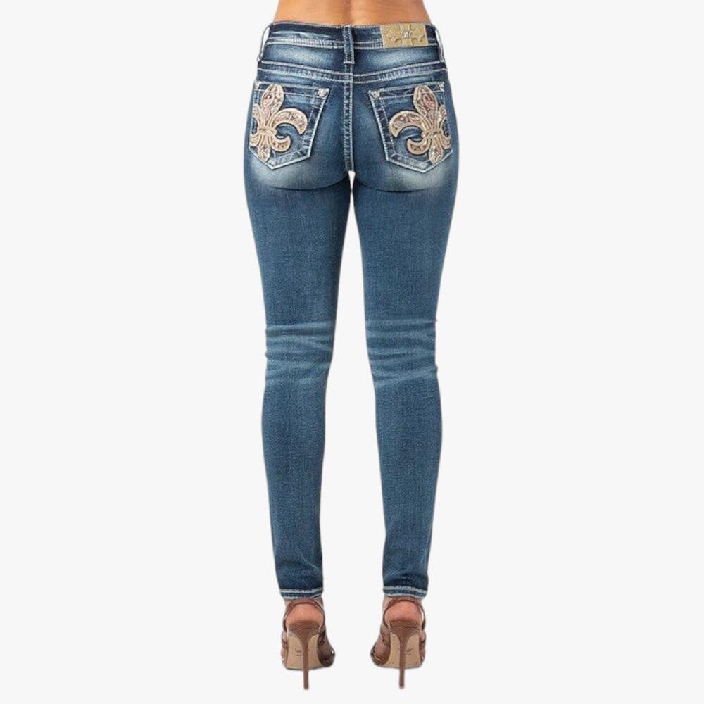 Miss Me Womens Fantastic Fleur De Lis Mid Rise Skinny Jean Med Wash | Miss Me