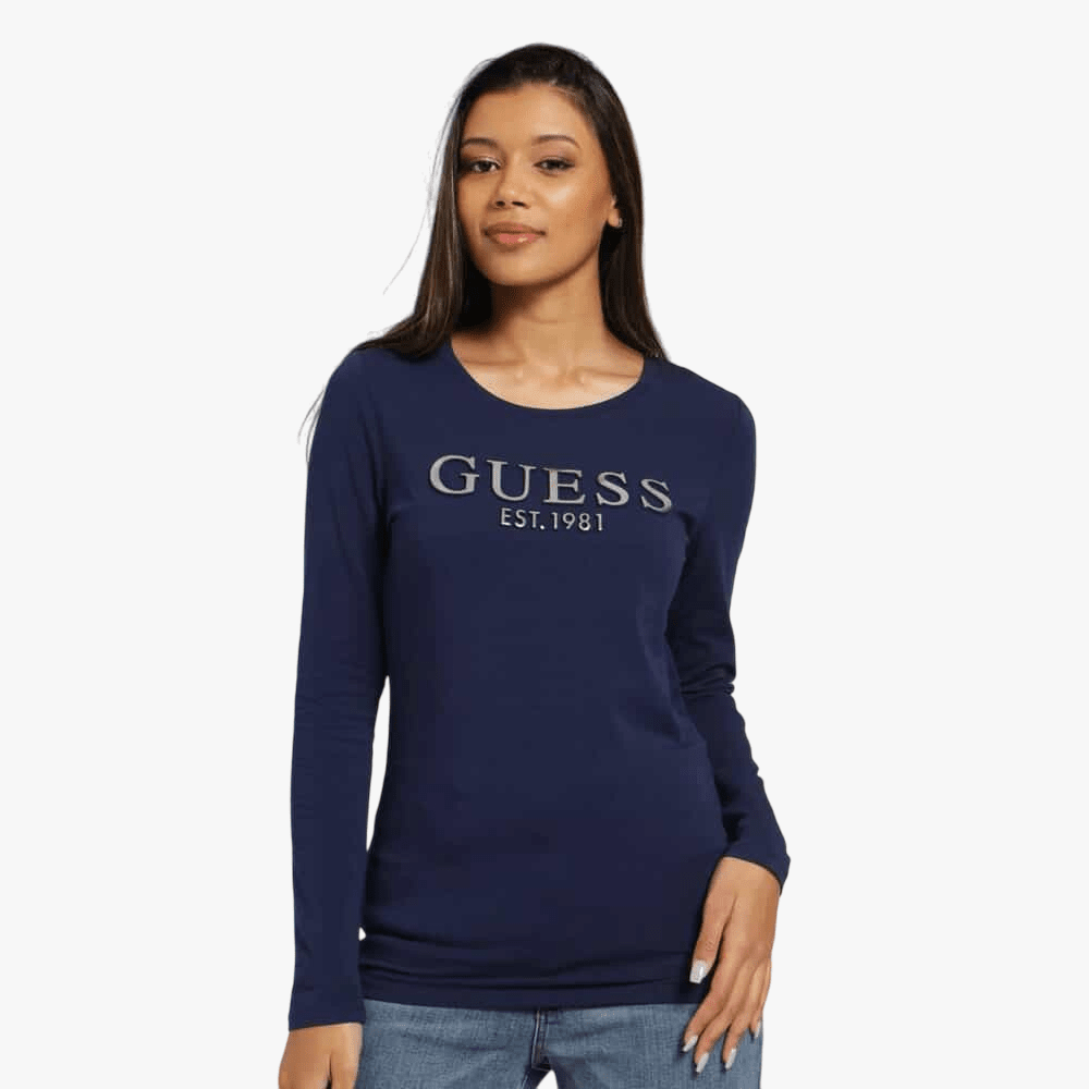 Guess Womens Embossed Long Sleeve Tee Blue | Guess