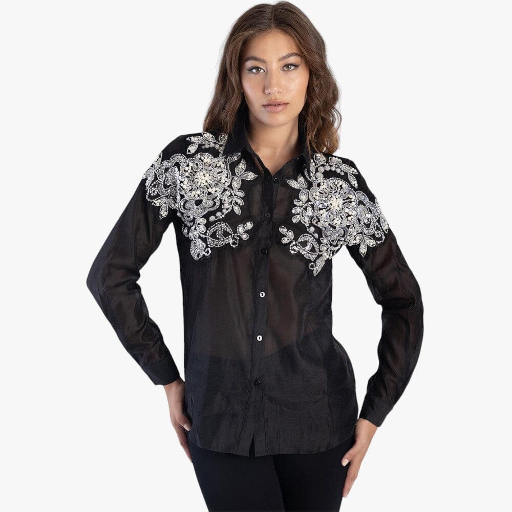 Sissy Boy Womens Sheer Long Sleeve Shirt Embellished Detail Black Sissy Boy