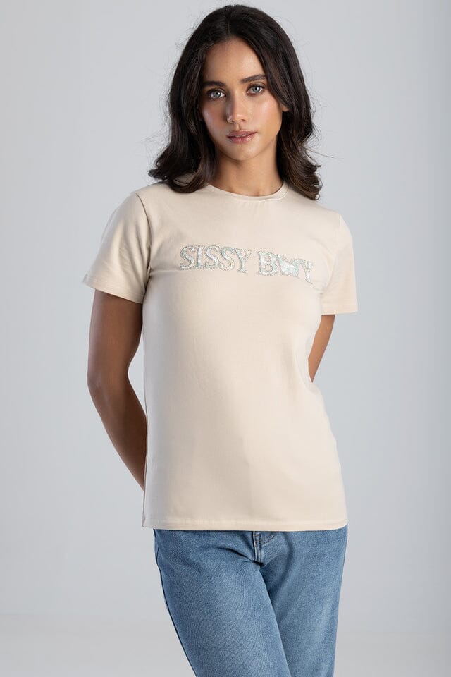 Sissy Boy Flower Embroid Bling Logo Short Sleeve Tee Stone | Sissy Boy
