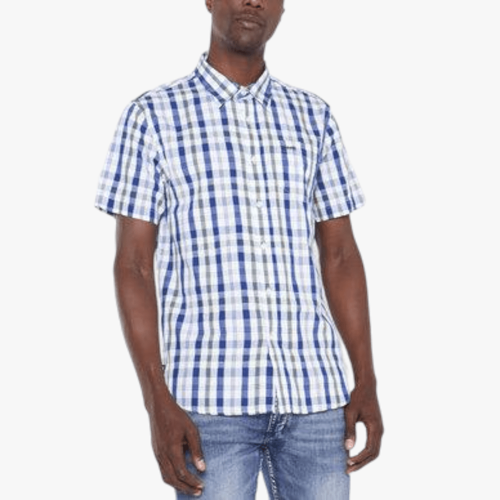 Jeep Mens Yarn Dyed Check Short Sleeve Shirt Navy Wavelight | Jeep