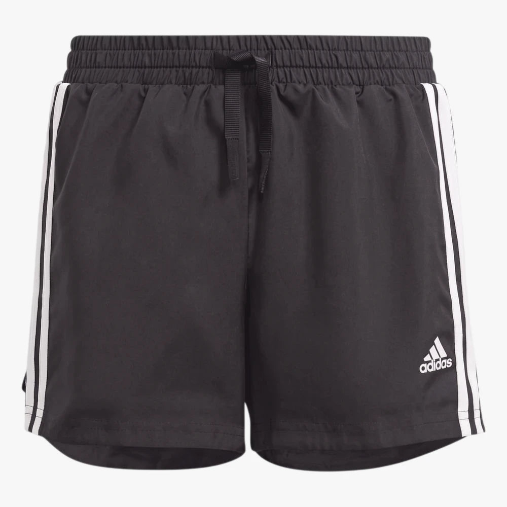 Adidas Boys 3S Shorts in black with white three-stripes and an elastic drawstring waist for athletic wear.