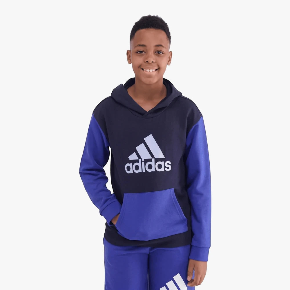 Adidas Boys CB Hoody in blue with a large white adidas logo on the chest, long sleeves and front kangaroo pocket.