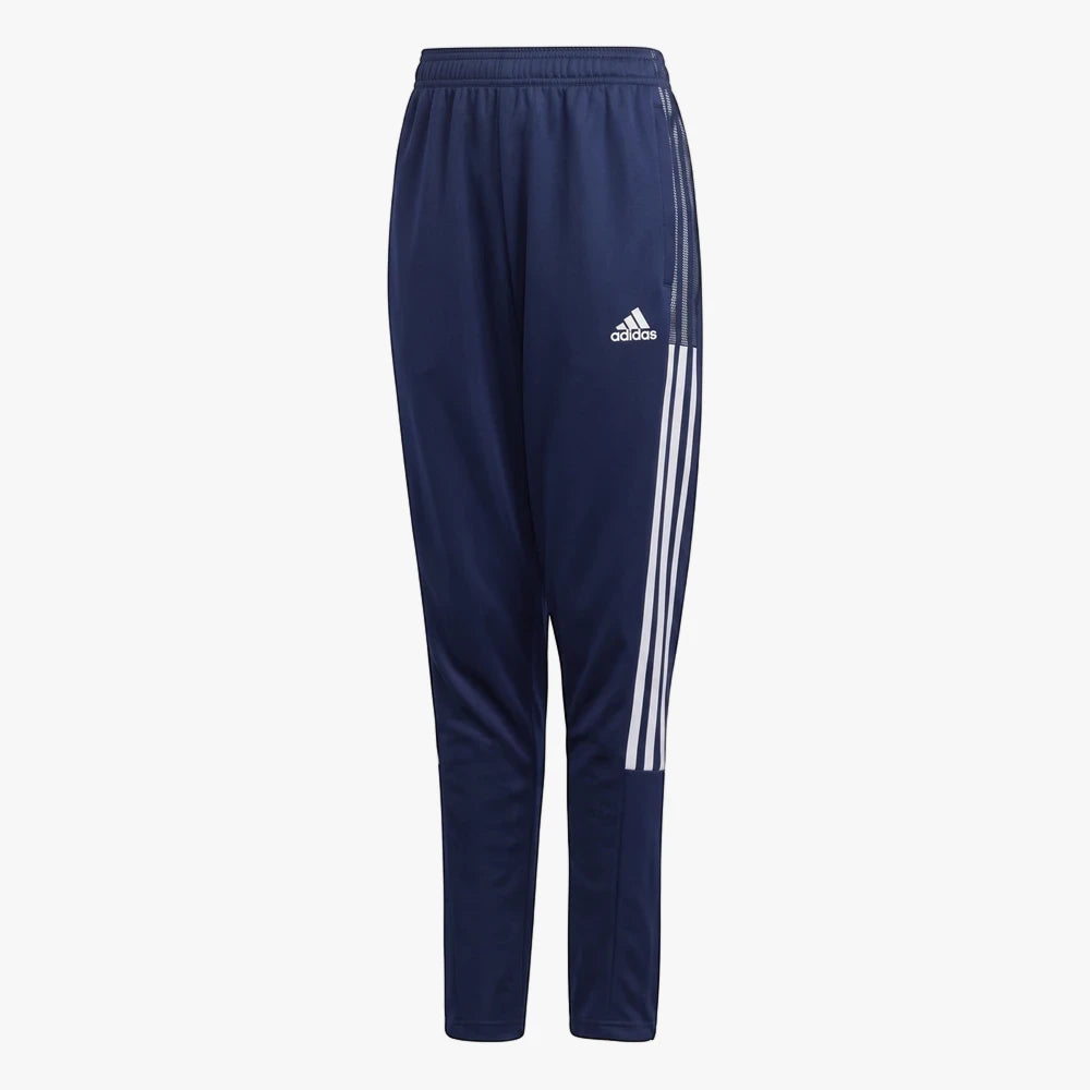 Adidas Boys Navy Track Pants with white stripes, featuring an elastic waistband and athletic fit, shown standing upright.