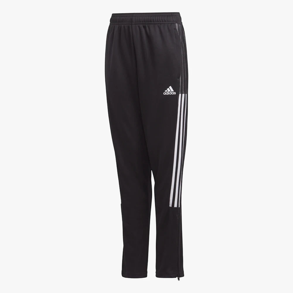 Adidas Boys Track Pants in black with white three-stripe design and mesh details, shown standing upright.