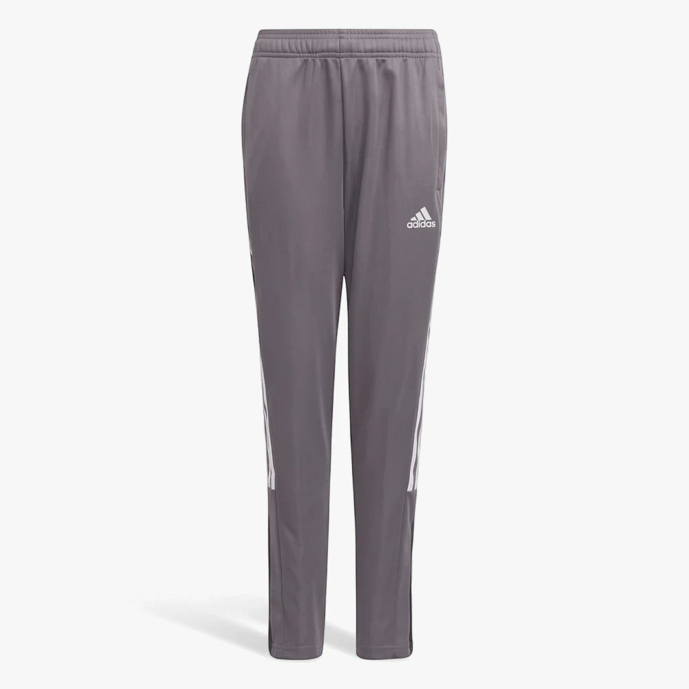 Adidas Boys Track Pants in team grey, featuring the iconic three white stripes down the sides and a white Adidas logo.