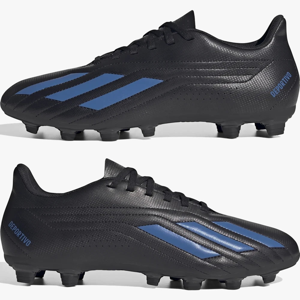 Two black and blue adidas Deportivo Ii Fxg soccer cleats in a side view, featuring blue stripes and stud sole.