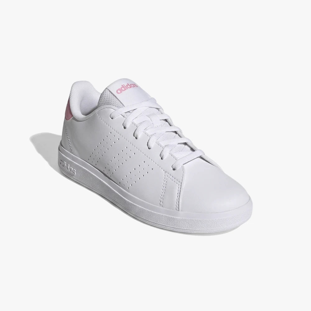 White and pink Adidas Girls Advantage Base 2.0 J sneakers with perforated stripes, shown in a side view.
