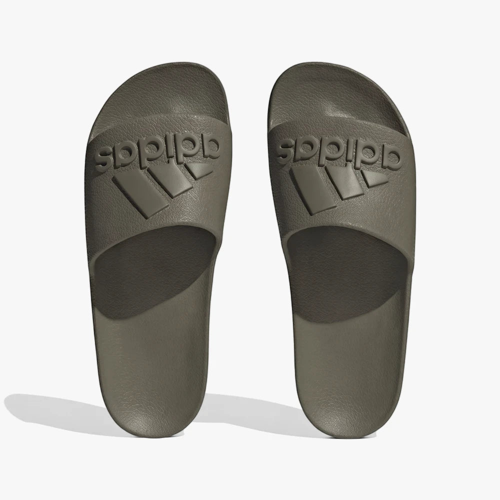 Adidas Mens Aqua Slide in an olive color, featuring the iconic embossed Adidas logo on the strap, presented in a top-down