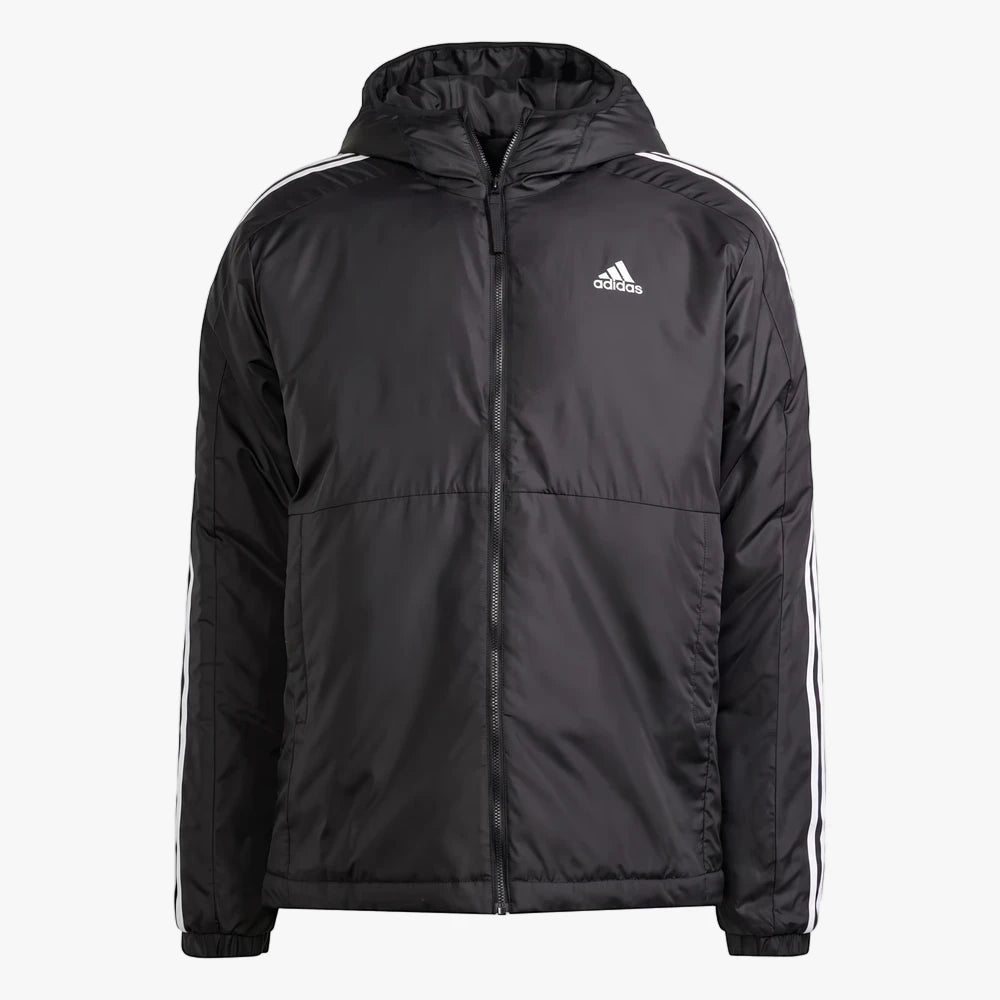 Adidas Mens Ess 3S Insulated Jacket in black, featuring a full-zip front, hood, and white shoulder stripes.
