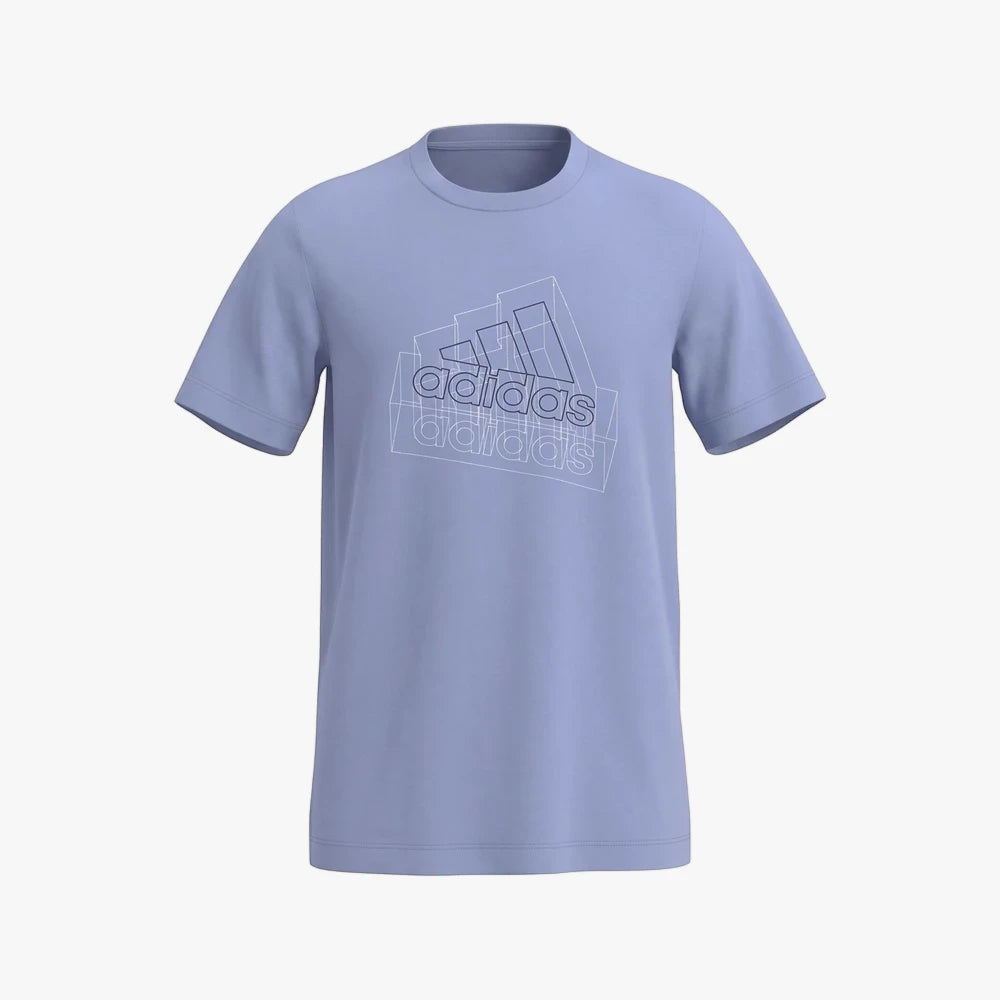 Adidas Mens Tech Short Sleeve Tee in light blue, featuring a crew neck and a prominent geometric Adidas logo on the chest.