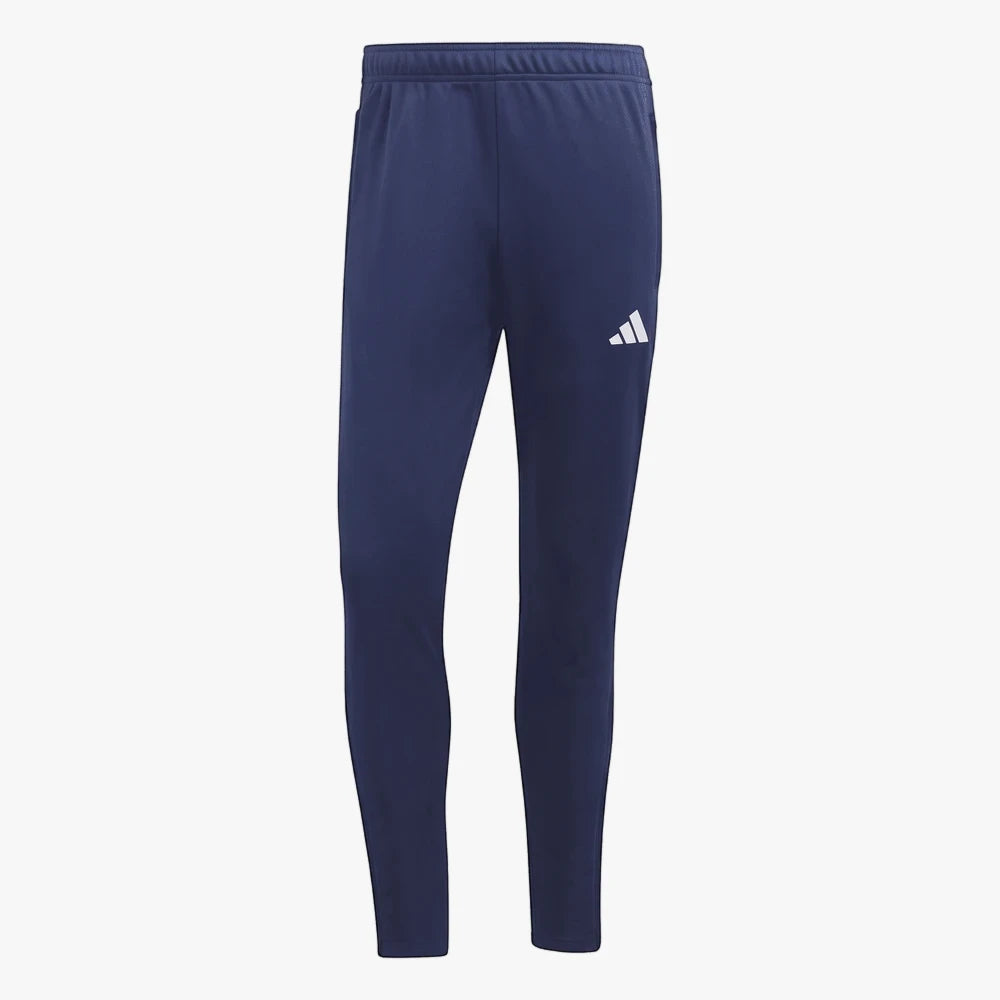 Adidas Mens Tiro23 Trackpants in team navy blue, full-length view, made of smooth athletic fabric, with white Adidas logo.