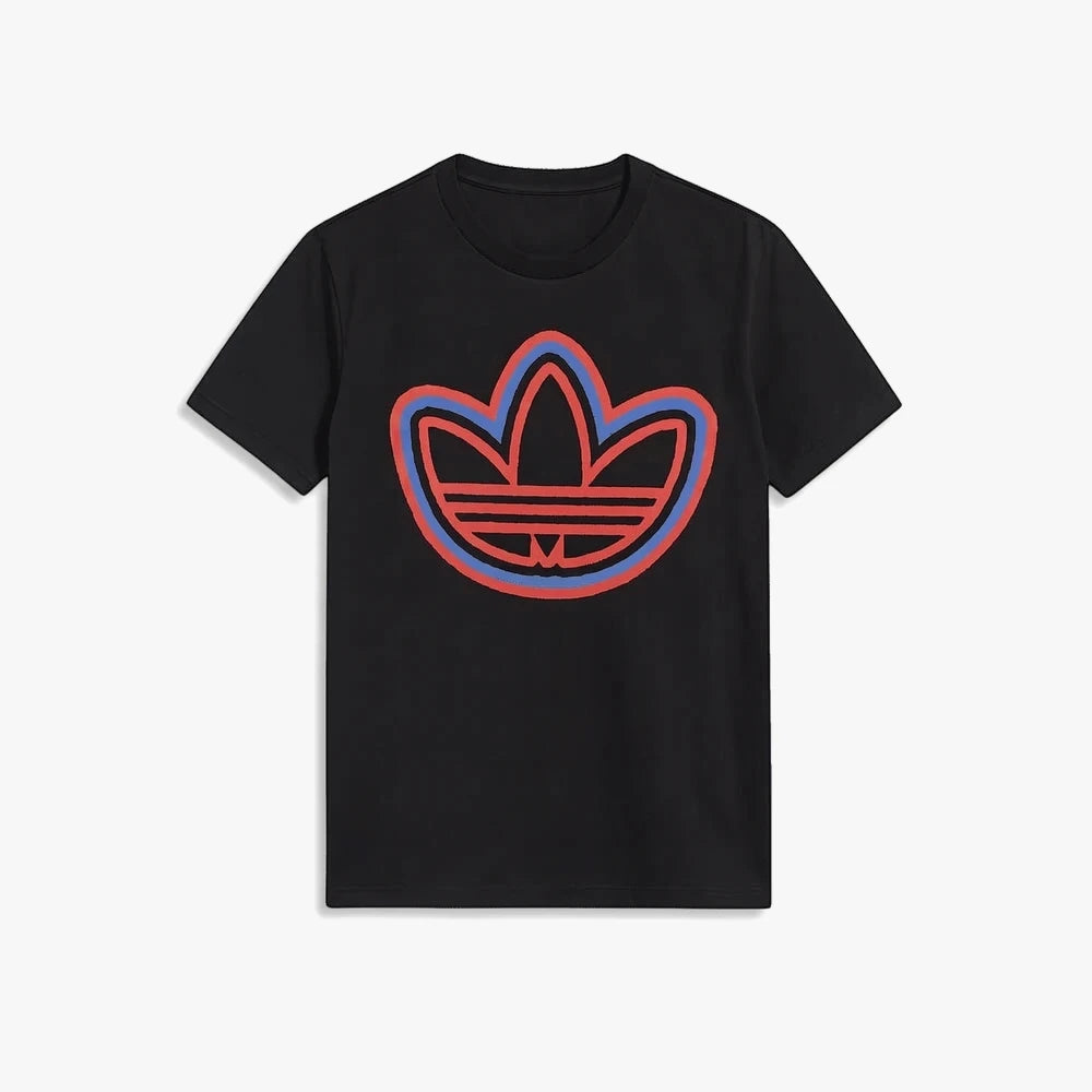 Adidas Mens Tref Out Short Sleeve Tee in black, featuring a red and blue outlined Trefoil logo on the chest.