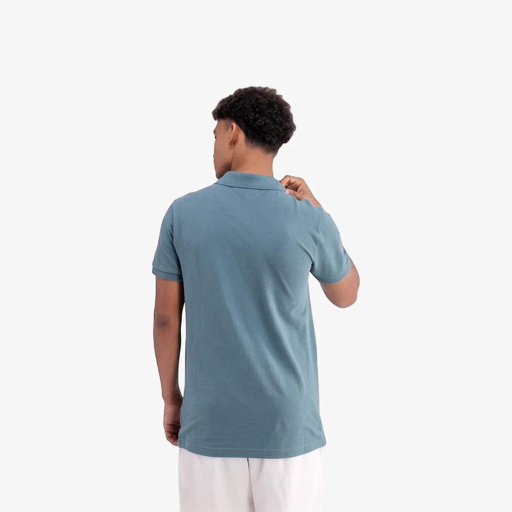 Adidas Mens Trefoil Essentials Polo Tee in bluish-green, shown from the back on a male model.