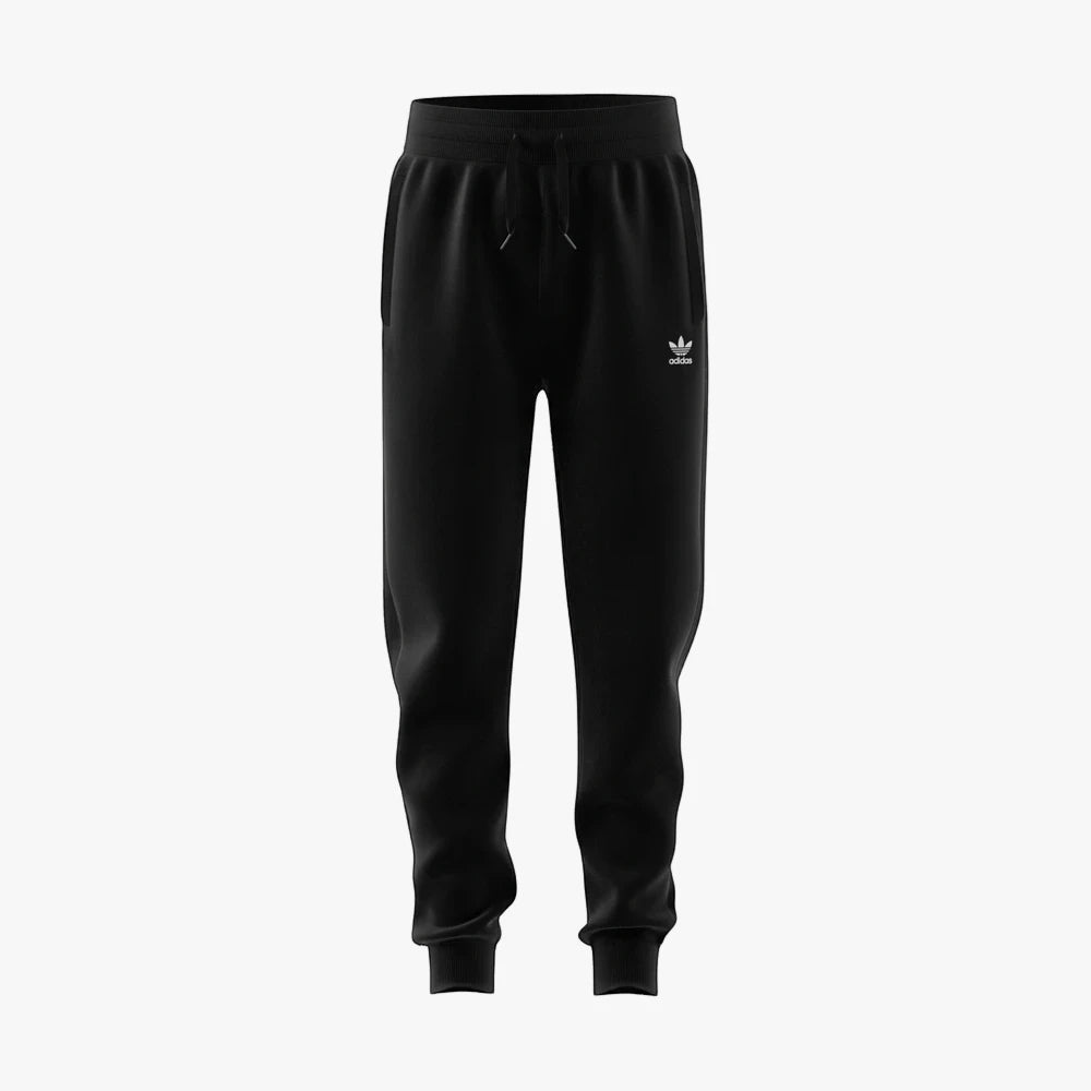 Black Adidas Youth Ess Track Pants, made from a comfortable fleece material, presented in a straight-on front view.
