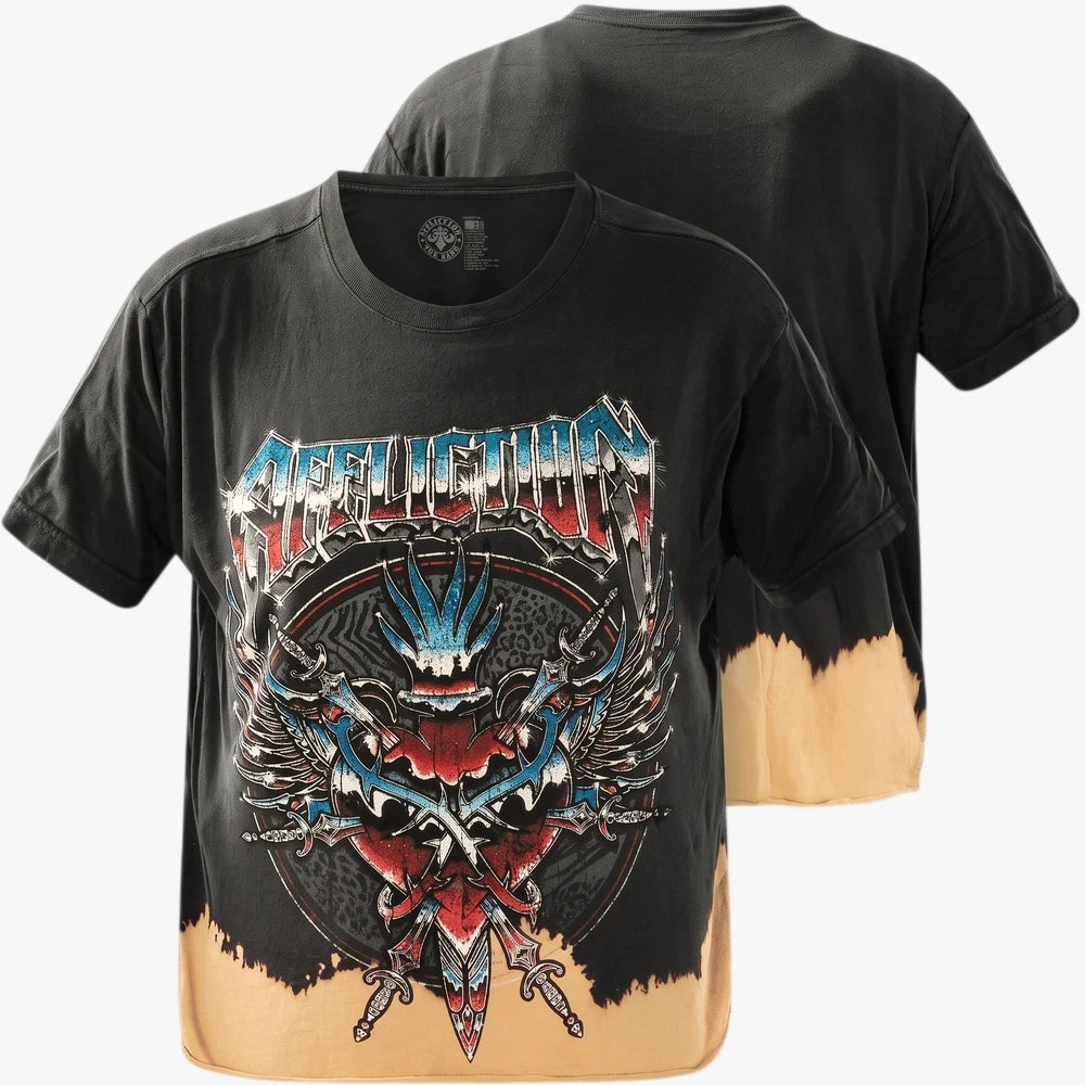 Black Affliction Womens Pierced Rock Short Sleeve Tee with front and back views. Features a graphic print and a distressed