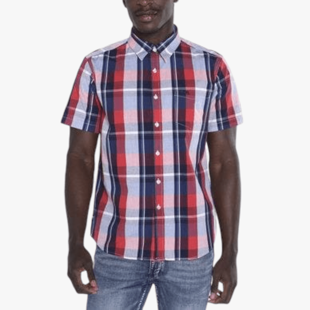 Jeep Mens Yd Check Short Sleeve Shirt Navy Red | Jeep