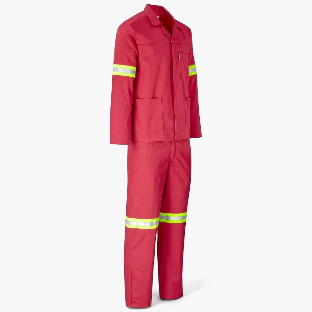 Red Brands Premium 2 Pc Conti Suit with bright yellow and silver reflective tape on the sleeves and lower legs, displayed