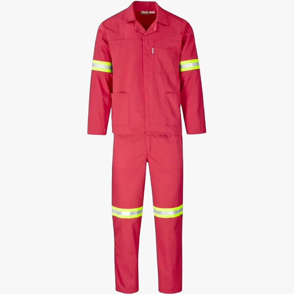 Brands Premium 2 Pc Red Conti Suit, a full-body work uniform with reflective tape on the sleeves and trousers, designed for