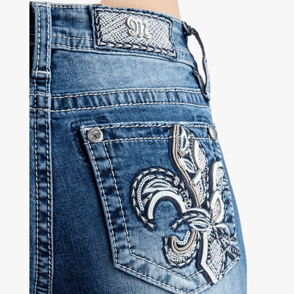 Miss Me Womens Natural Fleur De Lis Mid Rise Skinny Jeans Med Vintage Miss Me