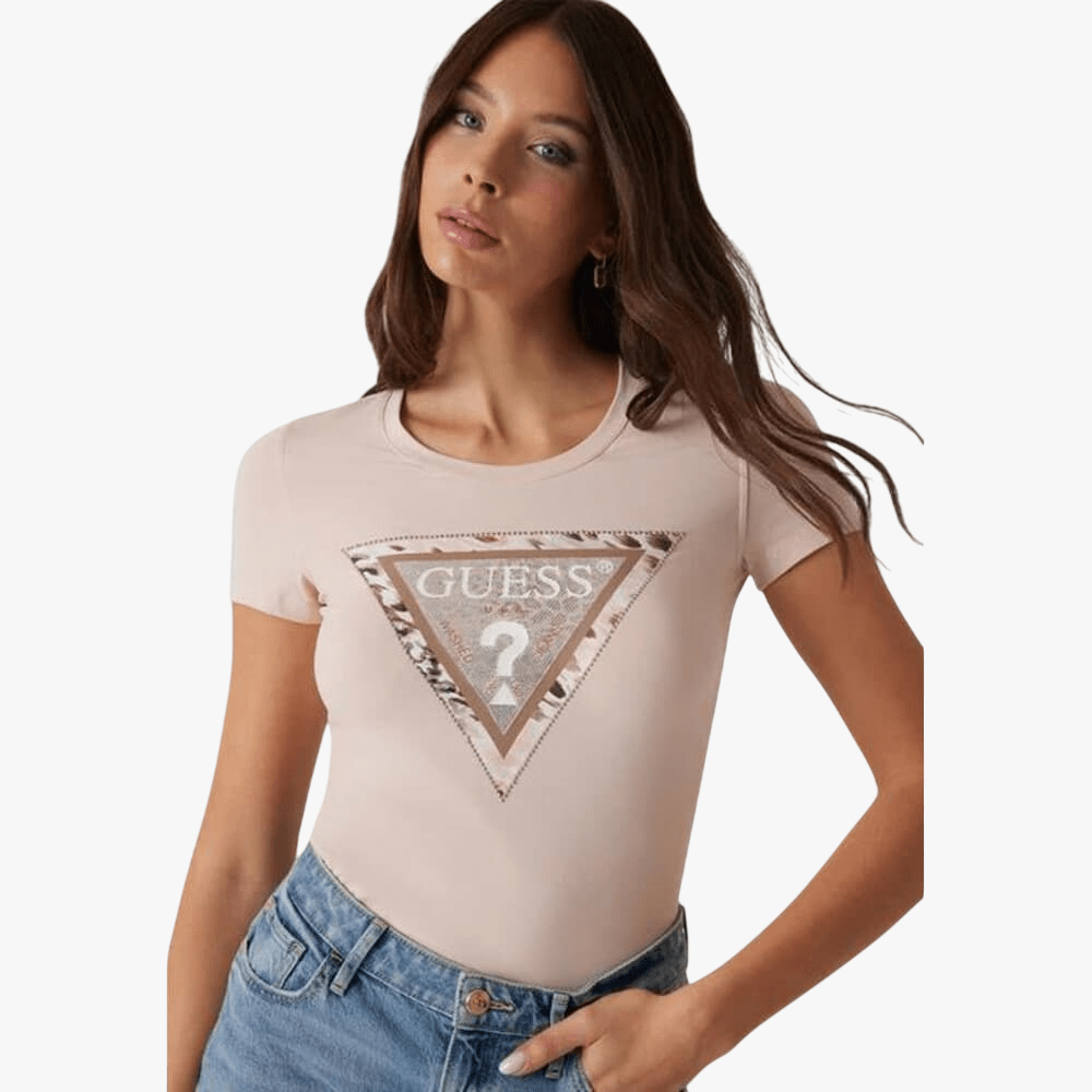 Guess Womens Cheeta Logo Triangle Short Sleeve Tee Beige | Guess