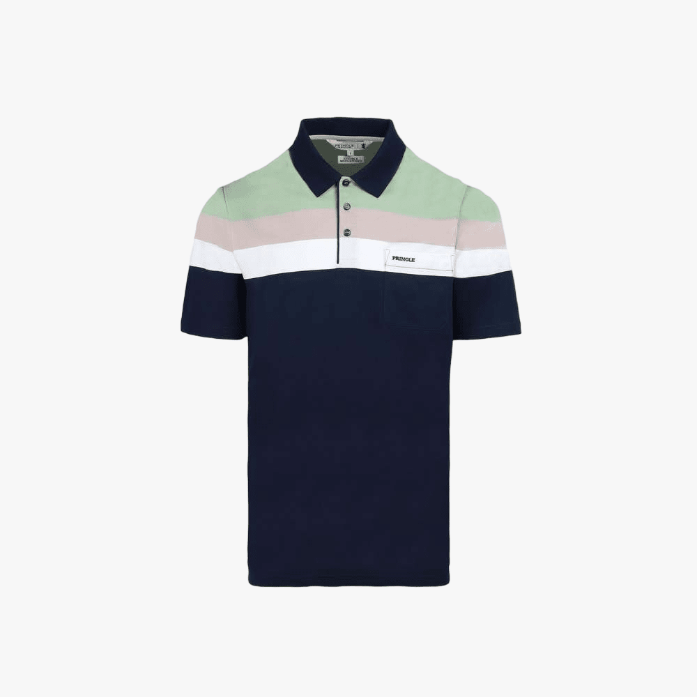 Pringle Mens Rhodes Mercerised Striped Short Sleeve Golfer Blue | Pringle