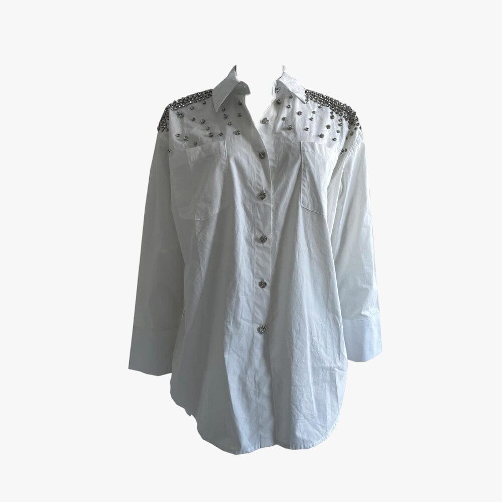 Sissy Boy Womens Long Sleeve Polin Shirt Diamond Embellishment White Sissy Boy