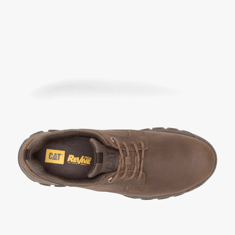 Top-down view of a brown leather Caterpillar Threshold lace-up low shoe, featuring durable construction and textured sole.