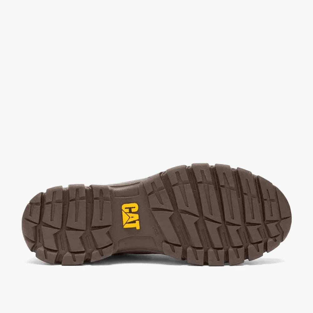 Dark brown Caterpillar Mens Threshold Slip On Shoe sole with a rugged tread pattern and yellow CAT logo, viewed from below.