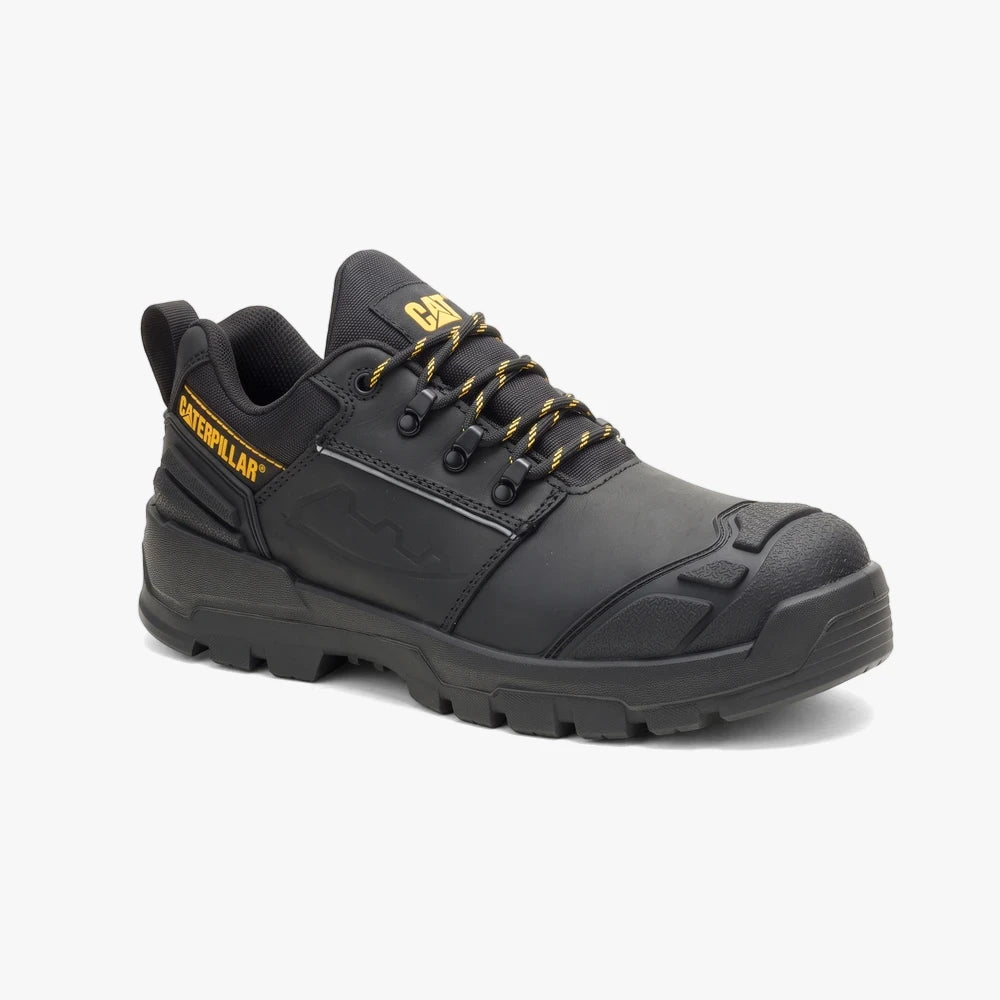 Black Caterpillar Striver Xl Lo S3 Fo Sc Lg Hro Sr safety shoe with yellow laces, visible side profile.