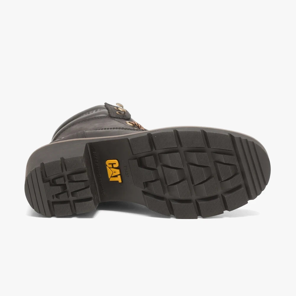 Black Caterpillar Womens Rewrite Boot, showcasing the rugged sole with the CAT logo and durable leather upper.