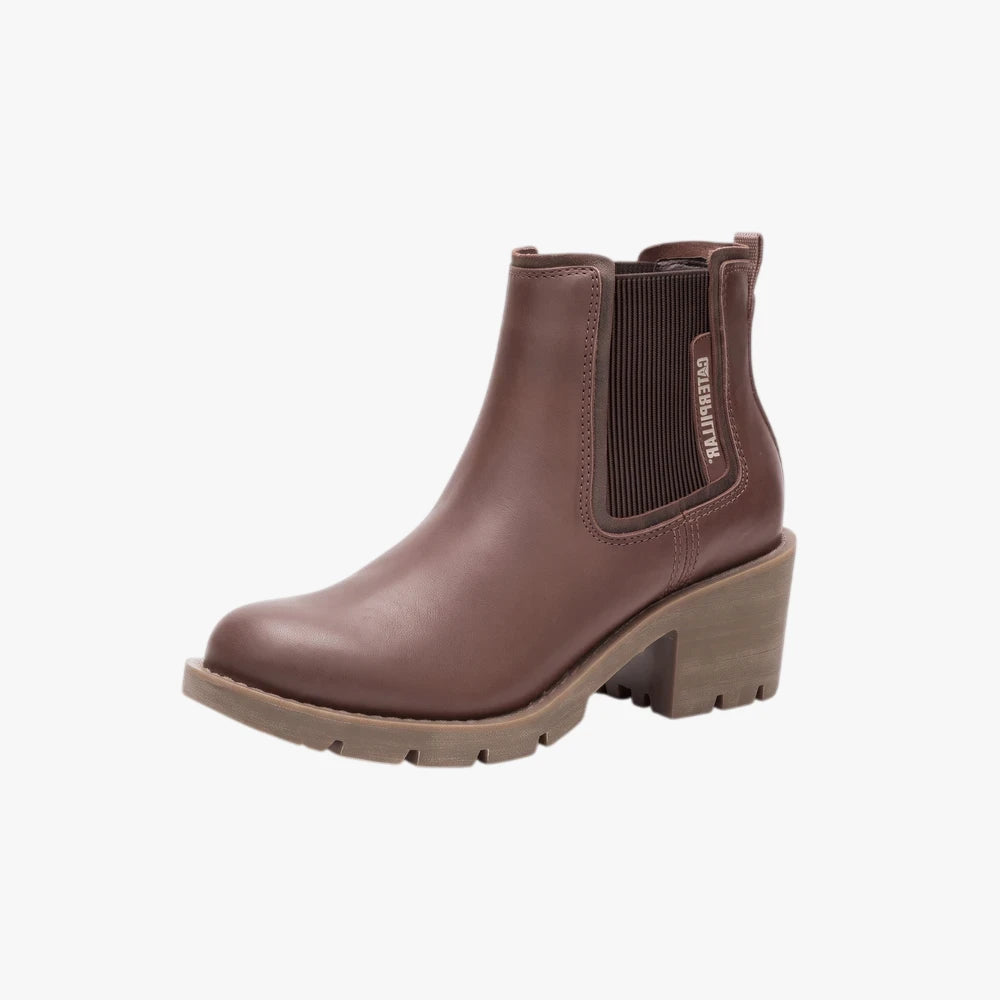 Caterpillar Womens Rewrite Chelsea Boot in burnette brown leather with elastic side panels and a chunky block heel.