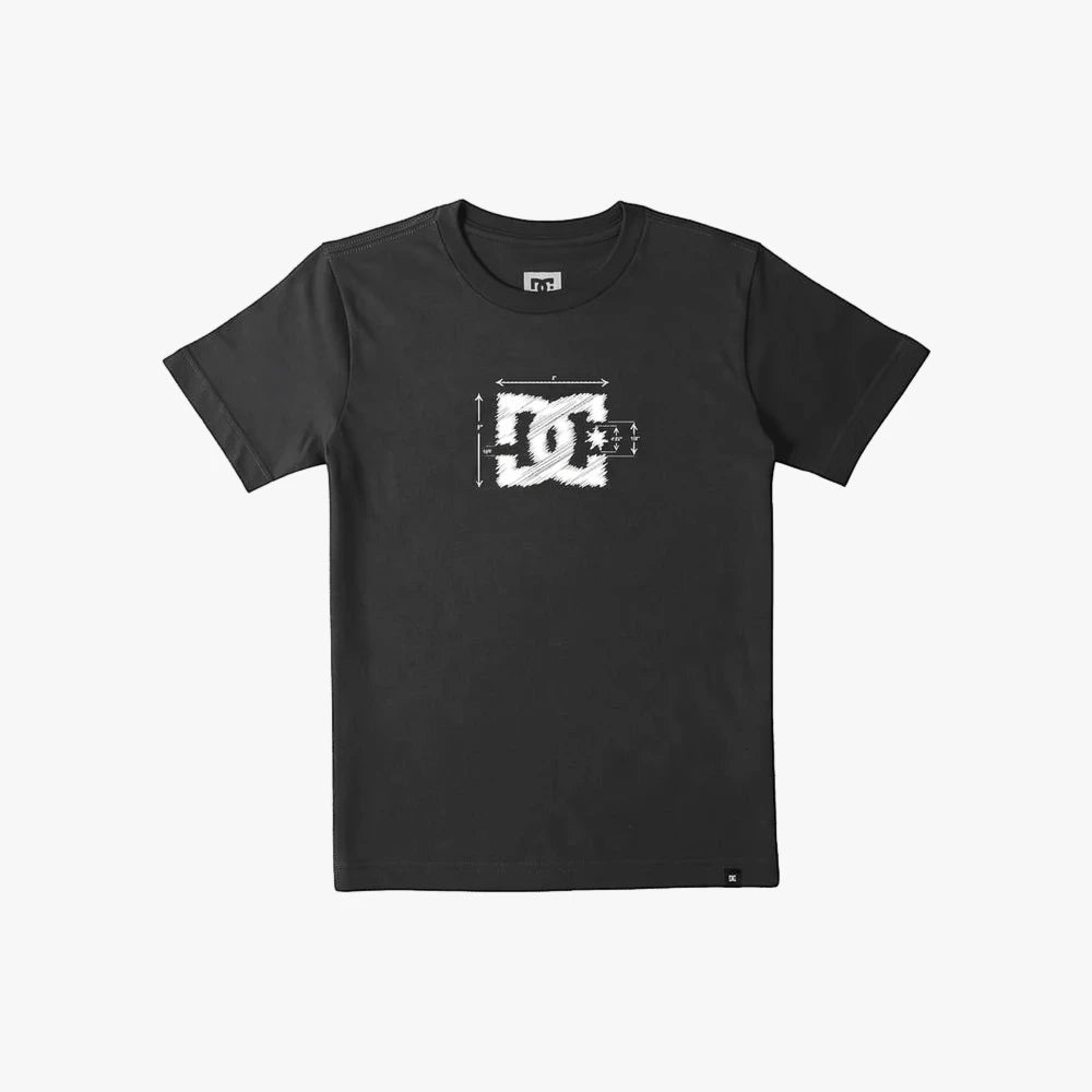 Dc Boys Pirate Black short sleeve t-shirt with a distressed white DC Shoes logo graphic print on the front, laid flat.