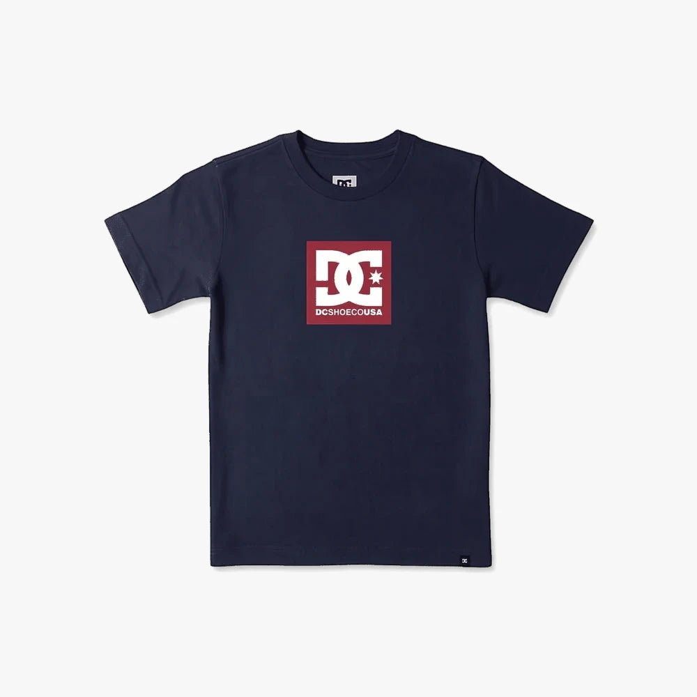Dc Boys Square Star Short Sleeve Tee in navy blazer, featuring a red and white DC Shoes logo on the chest, displayed flat.