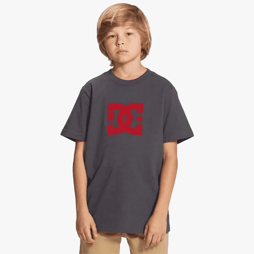 Young boy wearing a dark grey DC Boys Star Short Sleeve Tee with a red DC Shoes logo on the front.